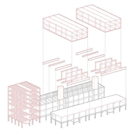 1. Rang: FAR frohn&rojas Planungsgesellschaft mit B+G Ingenieure Bollinger und Grohmann (Fachplanung Energiekonzept und Tragewerksplanung) und Dirk Hebel (Fachplanung Rezykliergerechtes Bauen); Axonometrie Tragwerk