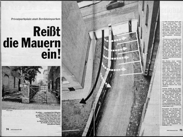 Privatparkplatz statt Bordsteinkante: Reit die Mauern ein! (ADAC Motorwelt, Heft 10, 1970)