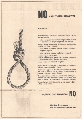 Drohen mit dem Galgen: Anzeige des Gegenkomitees im Corriere del Ticino am 19. April 1969 als Protest gegen das Kantonale Raumplanungsgesetz