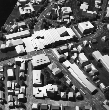 Nie gebaut: Neues Schauspielhaus in Zrich von Jrn Utzon, 196373. Modellfoto mit dem Planungsstand von 1969