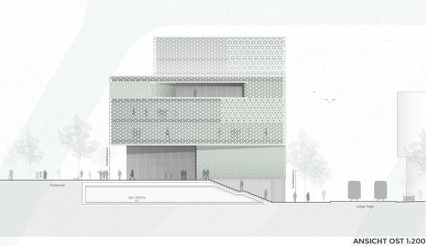 1. Preis: baurmann.d�rr Architekten (Karlsruhe) mit BHM Planungsgesellschaft (Bruchsal); Ansicht Ost