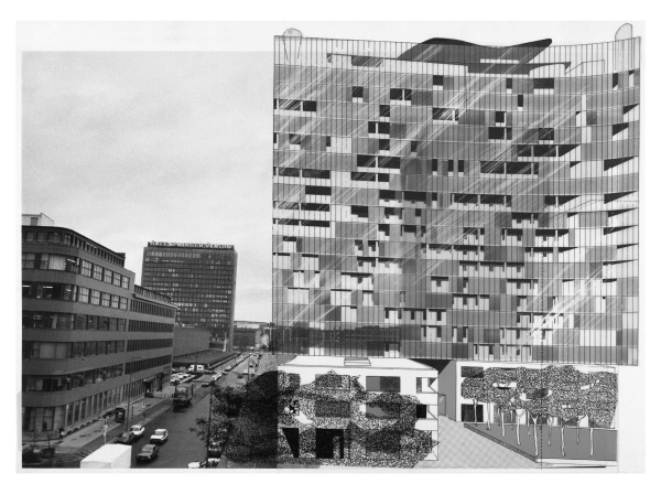 GSW Hauptverwaltung in Berlin (1991), Collage: Tusche, Transparentpapier, Fotografie