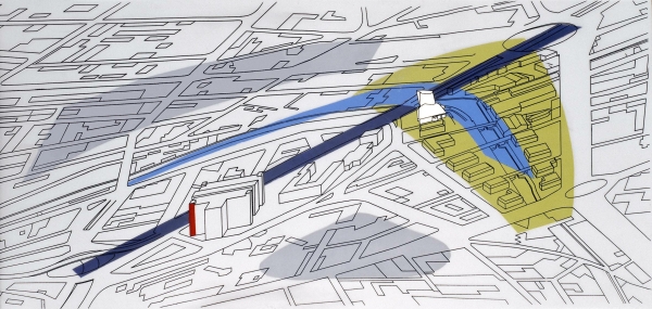 Junction Building in Birmingham (1989), Tusche, Acrylfarbe, Transparentpapier