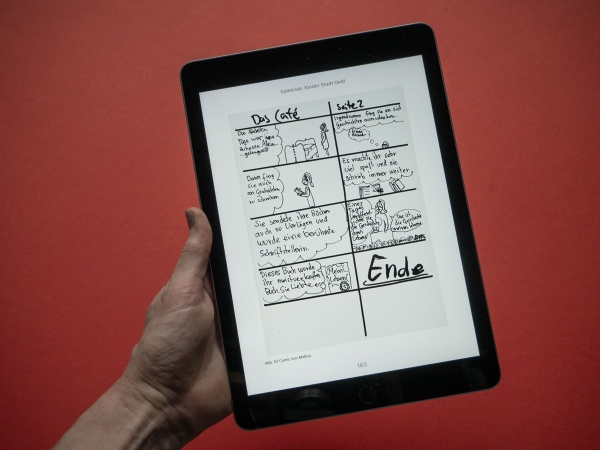 Tablet-Version des Hefts mit einem Comic von Malina, das im Rahmen des ersten Spielklubs entstanden ist.