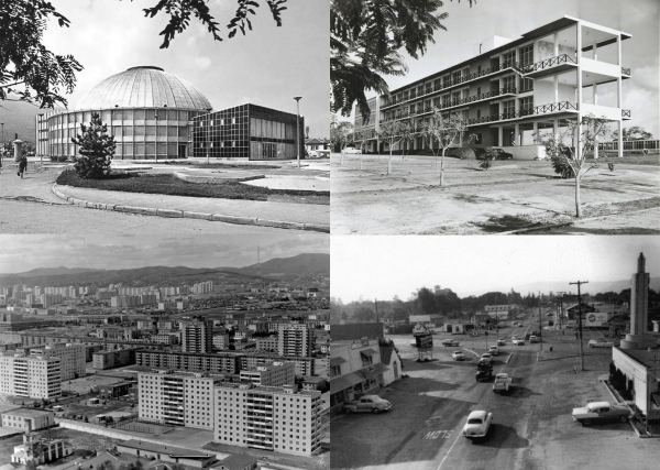 Historische Bilder der vier Fallstudien: Universal Hall in Skopje (1964), KNUST University Campus in Kumasi, Ghana (1957), Microdistrict III und IV in Ulaanbaatar, Mongolei (1986) und Highway 101 in East Palo Alto, USA (1937)