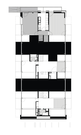 Grundriss Ebene 4 mit Gemeinschaftsraum und -kche sowie Verbindung zum Gartenhaus