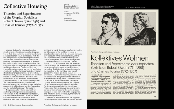 Auftakt zu Franziska Bollereys und Kristiana Hartmanns Beitrag Kollektives Wohnen. Theorien und Experimente der utopischen Sozialisten Robert Owen (17711858) und Charles Fourrier (17721837) (archithese 8, 1973)