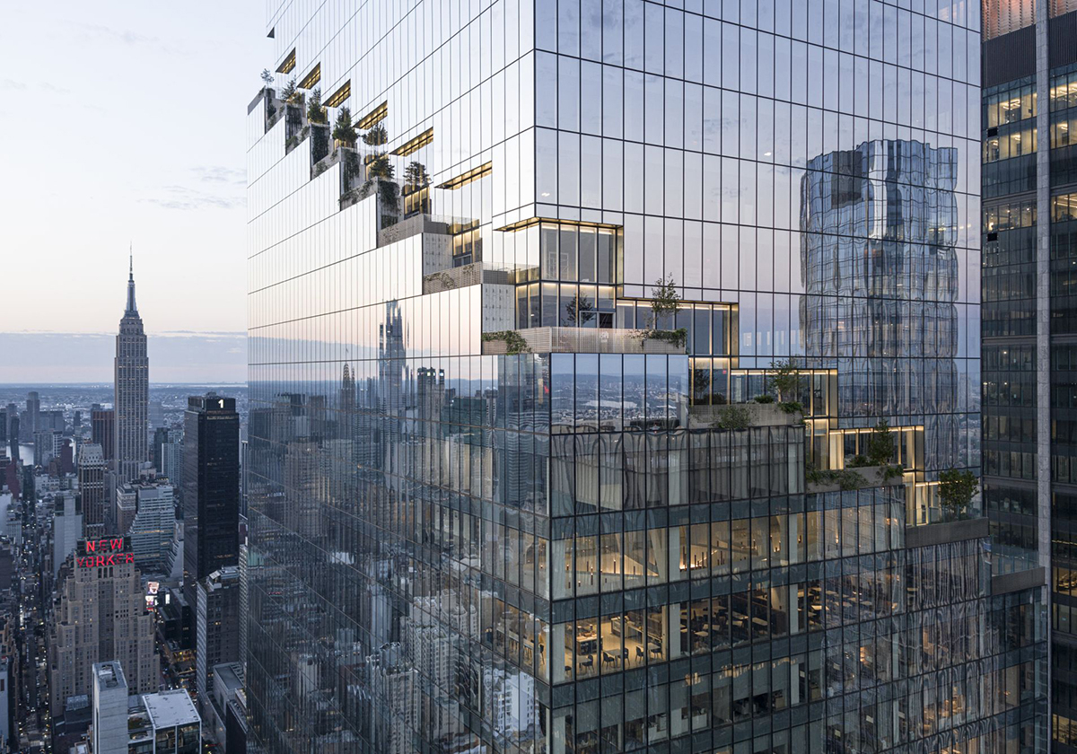 Spiralförmige Terrassenkaskade
 - Bürohochhaus in New York von BIG