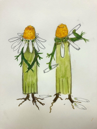 Ingela Ihrman: Love me, love me not  Mithilfe von zwei tragbaren Skulpturen, die auf dem Spiel Er/sie liebt mich Er/sie liebt mich nicht basieren, knnen Besuchende das Gnseblmchen-Orakel erfahren