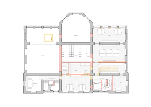 Grundriss 1. Obergeschoss mit Abbruch- (gelb) und Neubauelementen (rot)