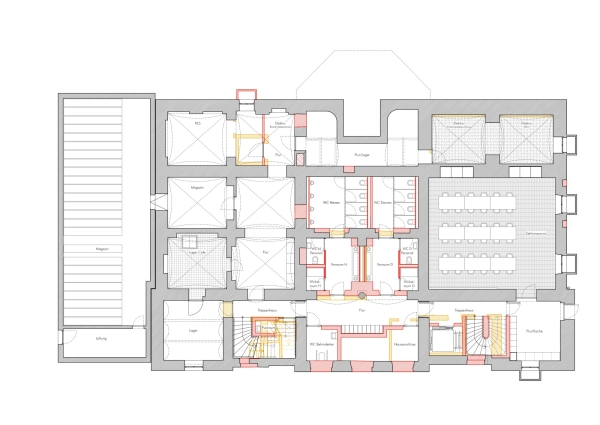 Grundriss Kellergeschoss mit Abbruch- (gelb) und Neubauelementen (rot)