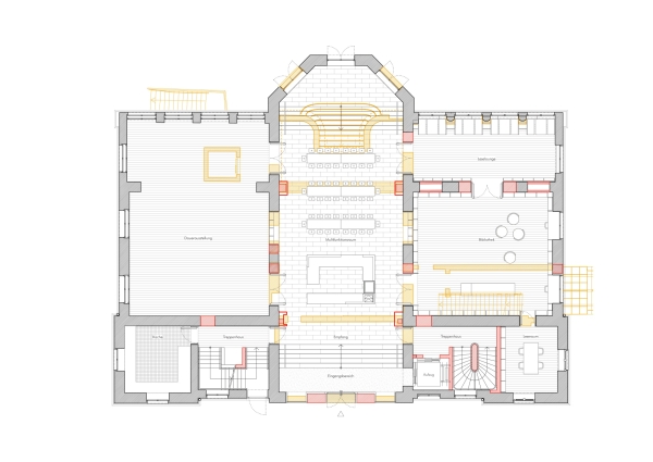 Grundriss Erdgeschoss mit Abbruch- (gelb) und Neubauelementen (rot)