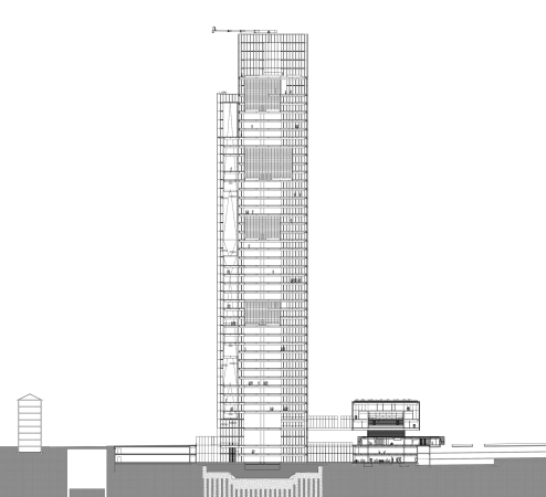 Schnitt durch Hochhaus und Service-Center