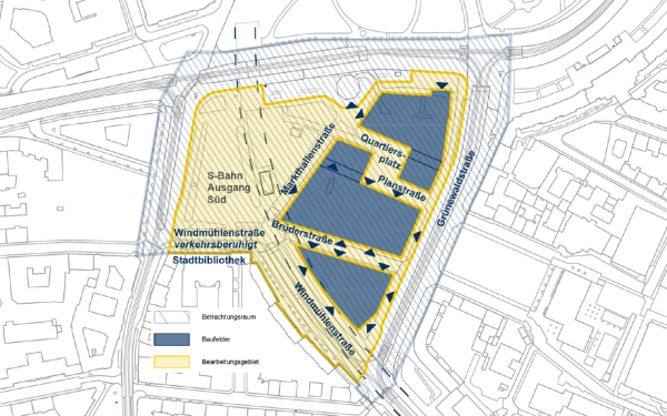 bersicht des Planungsgebiets mit geplanten Neubauten in Blau rechts und oktogonalem Eingangsbauwerk des ehemaligen Bowlingtreffs im Norden. Planungsstand August 2023