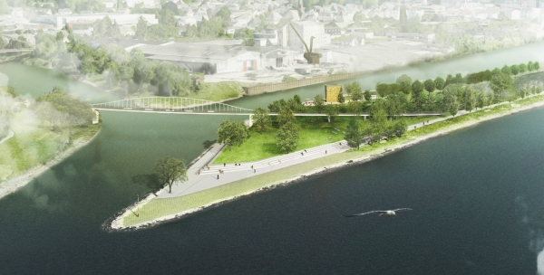 Geskes.Hack Landschaftsarchitekten (Berlin) planen am Lahnsteiner Ufer, Visualisierung der Molenspitze an der Lahnmndung