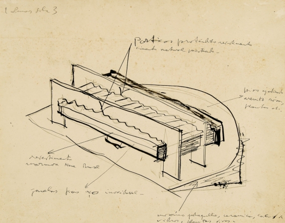 Museu de Arte de So Paulo, Perspektive des Gebudes mit Erluterung der Portiken und der Unterkonstruktion, ca. 19571968, Grafit, Farbstift, Tusche auf Karton, 27,3 x 34,5 cm
