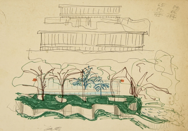 Casa de Vidro. Ansicht und Perspektive, undatiert, Kugelschreiber, Filzstift, Grafit auf Offsetpapier 21,8 x 31,3 cm