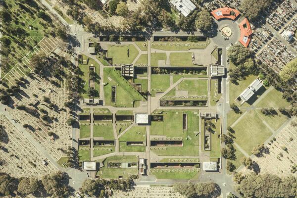 Luftaufnahme des Sexto Panteón auf dem Friedhof Chacarita in Buenos Aires