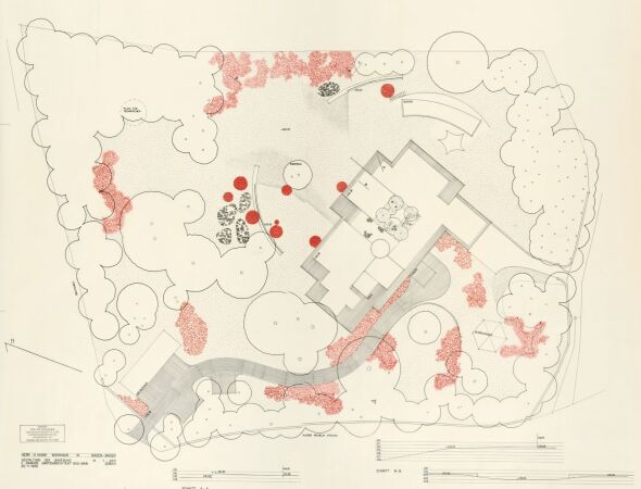 Der Plan fr das Anwesen von Hugo Mann beinhaltet japanische Elemente: das japanisch gestaltete Atrium, die Magnolie und das Teehuschen