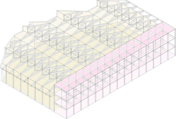 Tragwerkskonzept Halle und Riegel; Isometrie