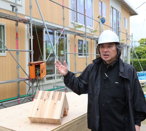 Baustelle für temporäre Unterkünfte in Suzu, Ishikawa Prefecture, nach dem Erdbeben auf der Noto Halbinsel, Mai 2024