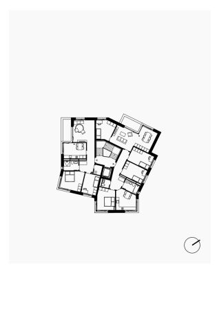 Grundriss Regelgeschoss MFH Zweisp�nner (exemplarisch) - Realisiert wurden zwei Zweisp�nner und drei Dreisp�nner, die alle in ihrer Grundformen jeweils etwas voneinander abweichen.