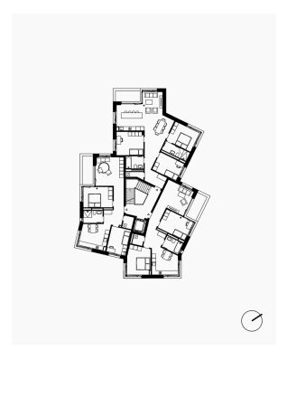 Grundriss Regelgeschoss MFH Dreisp�nner (exemplarisch) - Realisiert wurden zwei Zweisp�nner und drei Dreisp�nner, die alle in ihrer Grundformen jeweils etwas voneinander abweichen.