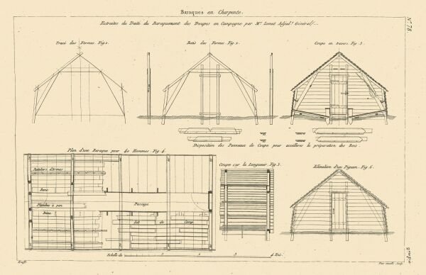 Antoine-Francois Lomet des Foucaux, Barracke in Hendaye, Frankreich, 1793, aus Jean-Charles Krafft, Plans, coupes et lvations de diverses productions de lart de la charpente, 1805