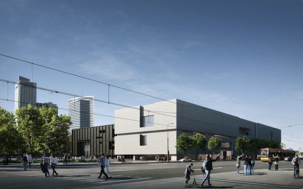 Visualisierung des fertigen Gebudes, links der dunkle Baukrper des kommenden Theaterbaus, der ebenfalls von Thomas Phifer entworfen wurde.