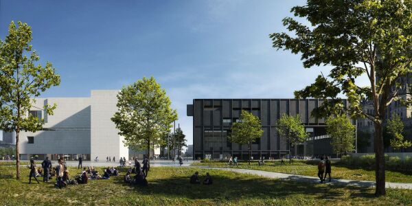 Visualisierung der Nordseite, links das Museum mit dem abgesetzten Kino-Turm, rechts das Theater