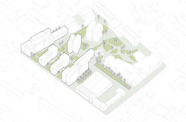 Isometrische bersicht des Quartiers Kuku 23 mit den insgesamt fnf Neubauten im Westen. Davon im Osten das Atelierhaus, links daneben das Zwillingshaus B und darber der Turm