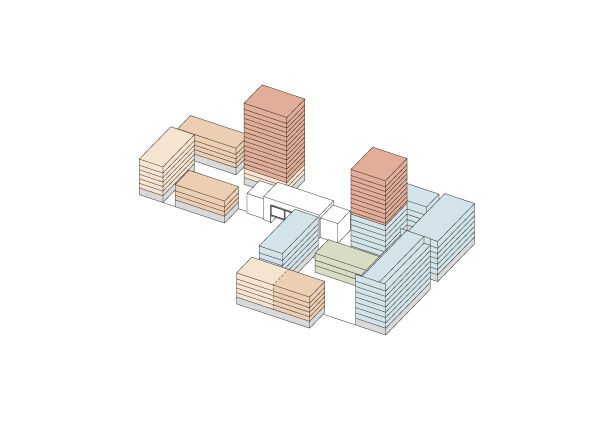 Gesamtensemble mit den verschiedenen Nutzungen: Wohnen (rot), B�ros (blau), Gesundheitszentrum (gr�n), Einzelhandel und gemeinschaftlich genutzte Fl�chen (grau), Bestandsgeb�ude (wei�)