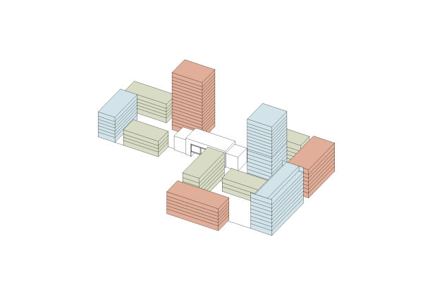 Die einzelnen Geb�ude wurden von verschiedenen B�ros entworfen: DCA mit AIA Architectes (blau), Atelier VERA & Associ�s Architectes (gr�n), Aires Mateus e Associados (rot)