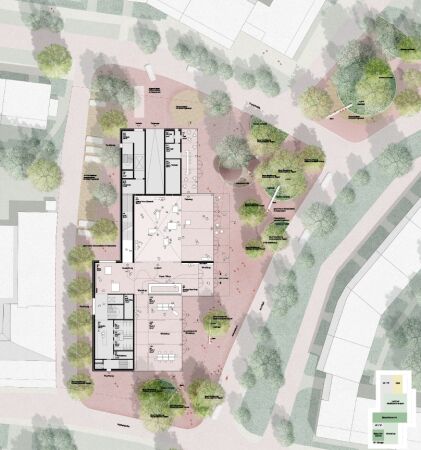 1. Preis: AFF Architekten mit POLA Landschaftsarchitekten (beide Berlin), Lageplan mit Grundriss Erdgeschoss