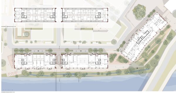 1. Preis: Max Dudler (Berlin) und Seeberger Walenta Architekten (Hannover), Grundrisse Erdgeschoss und 1. Obergeschoss