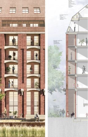 2. Preis: Mosaik architekt:innen (Hannover), Fassadenschnitt Wohnungsbau