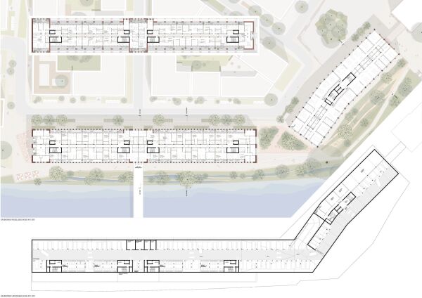 1. Preis: Max Dudler (Berlin) und Seeberger Walenta Architekten (Hannover), Grundrisse Untergeschoss, Regelgeschoss und 6. Obergeschoss