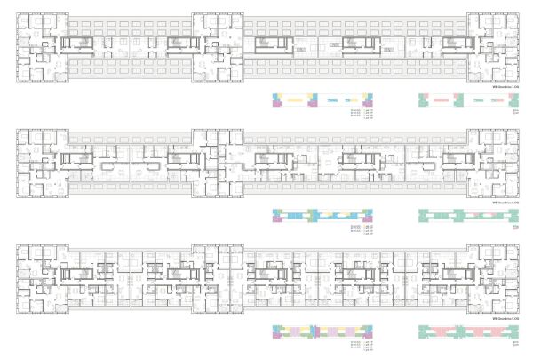 3. Preis: N2M (Hannover) und Kim Nalleweg Architekten (Berlin), Grundrisse 5. bis 7. Obergeschoss Wohnungsbau