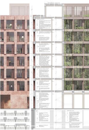 Anerkennung: MOELLER SOYDAN (Berlin) mit HDH Berlin und PICHLER Ingenieure (beide Berlin), Fassadenschnitt