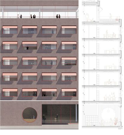 Anerkennung: TOPOTEK 1 (Zrich) mit Winter Ingenieure fr Gebudetechnik (Hamburg), Fassadenschnitt