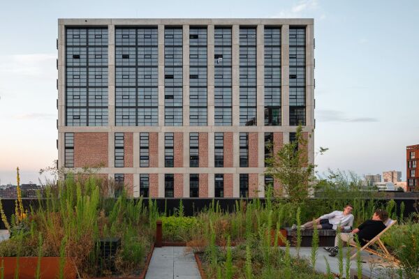 Der Neubau von VURB, gesehen von einer benachbarten, begrnten Dachterrasse.