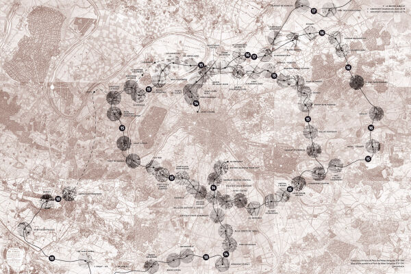 berlagerung des Streckennetzes des Grand Paris Express mit der Umgebungskarte von Abb Delagrive (1731-1741)