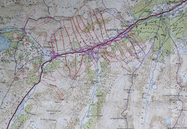 Gefahrenkarte (Ausschnitt), 1:20.000, Gefahrenzonenplan Galtr 2009, die.wildbach Gebietsbauleitung Oberes Inntal