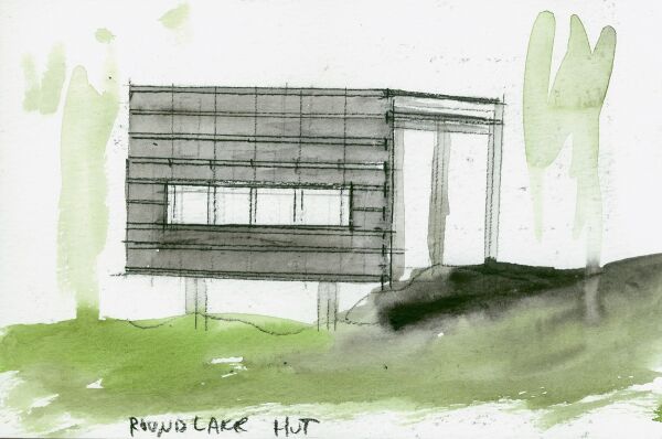 Rhinebeck Campus, Round Lake Hut, Rhinebeck, New York, USA, 2001, Aquarell und Kohle auf Papier