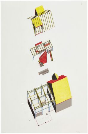 Schneider Trtscher: Axonometrie, Auf Berg I in Mauren (FL) (2017), Bleistift, Farbstift und Spiegelkarton auf Papier