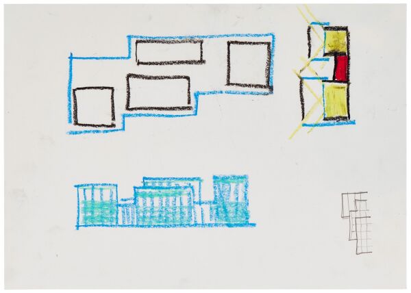 Gigon Guyer: Aufriss- und Schnittskizze mit Plnen fr das Kirchner Museum, endgltiger Bauplatz Parkpromenade in Davos (1989), Farbige Kreide auf Papier