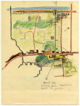 Flora Ruchat-Roncati: Plan des Gelndes zwischen den Bdern und der Kaserne in Bellinzona (1967), Bleistift und Farbstift auf Papier