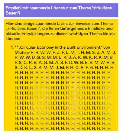 Hier und da lauern noch Bugs, auch eine Aktualisierung der Seite lohnt sich schon mal. Bis zur IBA'27 soll der Chatbot weiterentwickelt und verbessert werden.