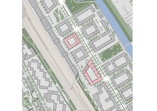 Lageplan des Quartiers Heidestra�e, rot markiert sind das quadratische QH Straight  oben und das QH Core in der Mitte unten