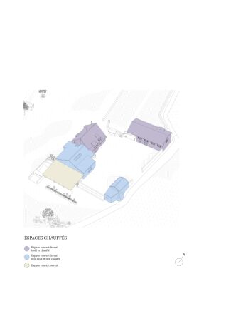 Gesamtanlage nach dem Umbau. Lila: Geschlossene, isolierte und beheizbare Rume. Blau: Geschlossene, aber unisolierte und nicht beheizbare Rume. Beige: berdeckter, offener Raum.